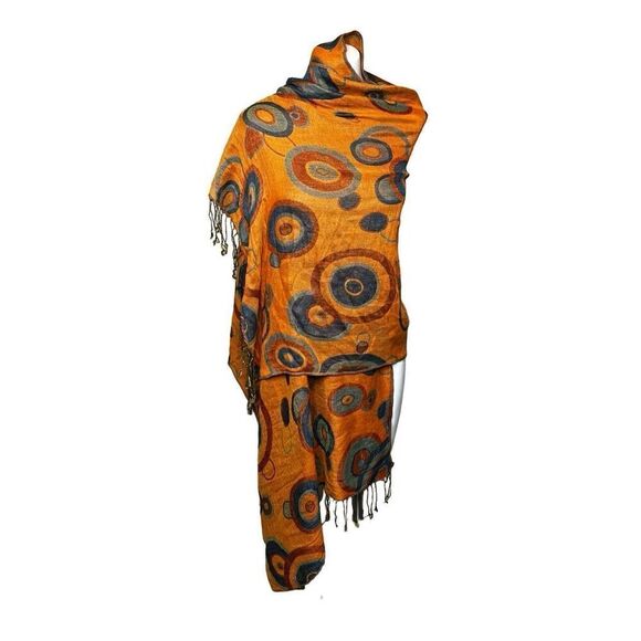 Pashmina orange and blue circle print scarf - Picture 1 of 12